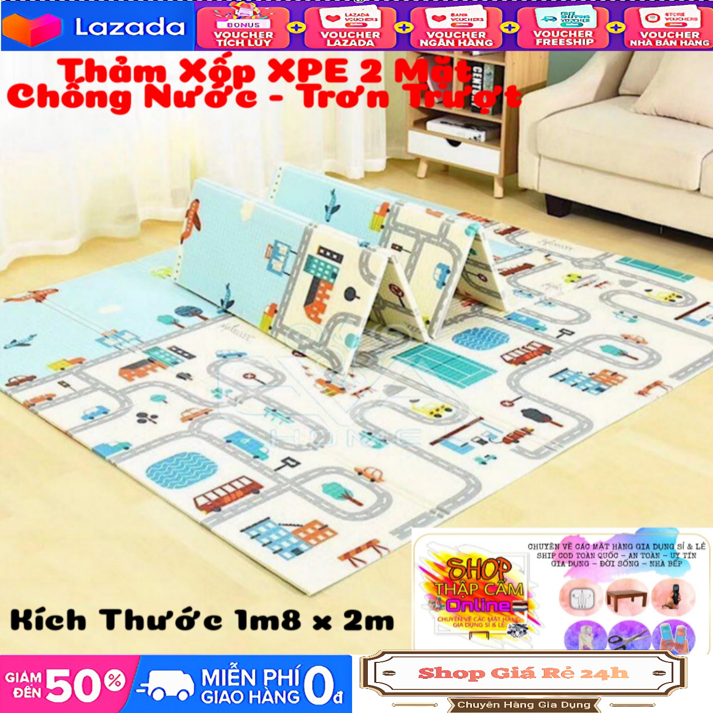 Thảm xốp XPE 2 mặt 1m8-2m 8ly chống nóng, chống trơn trượt cho bé