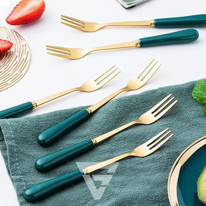 Bộ Ống Đựng Nĩa, Muỗng Bằng Sứ + 6 Nĩa Inox 304 Màu Xanh Lưu Ly | Ăn Đồ Tráng Miệng Đa Năng