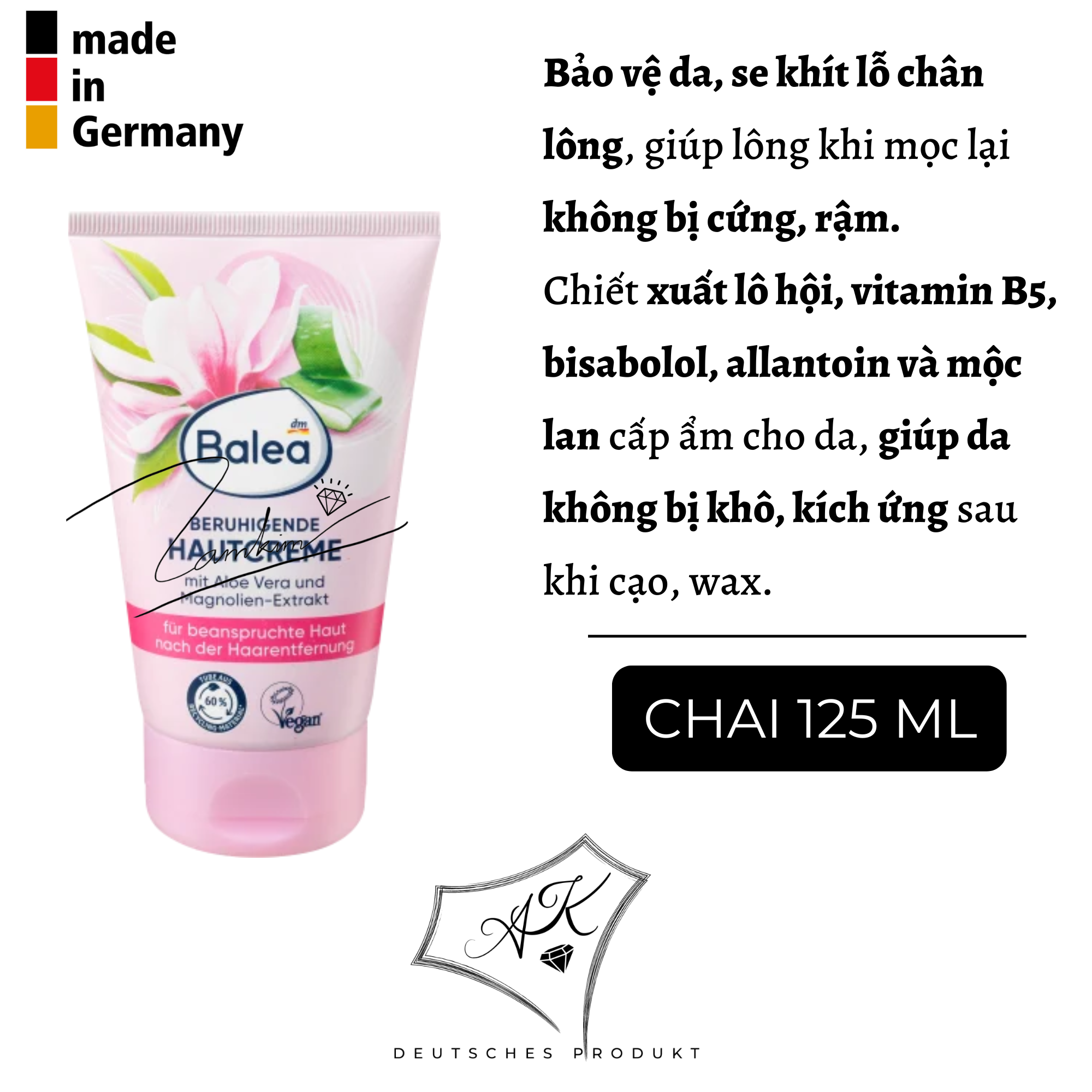 Kem dưỡng sau tẩy lông, sau wax lông Balea hàng nội địa Đức - 125ml