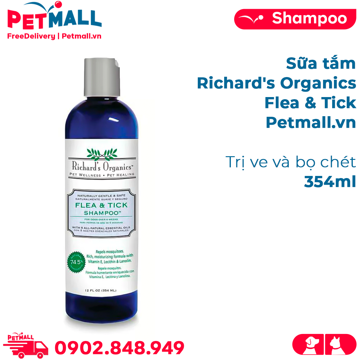 Sữa tắm Richard's Organics Flea & Tick 354ml - Ngăn ngừa và tiêu diệt ve, bọ chét Petmall