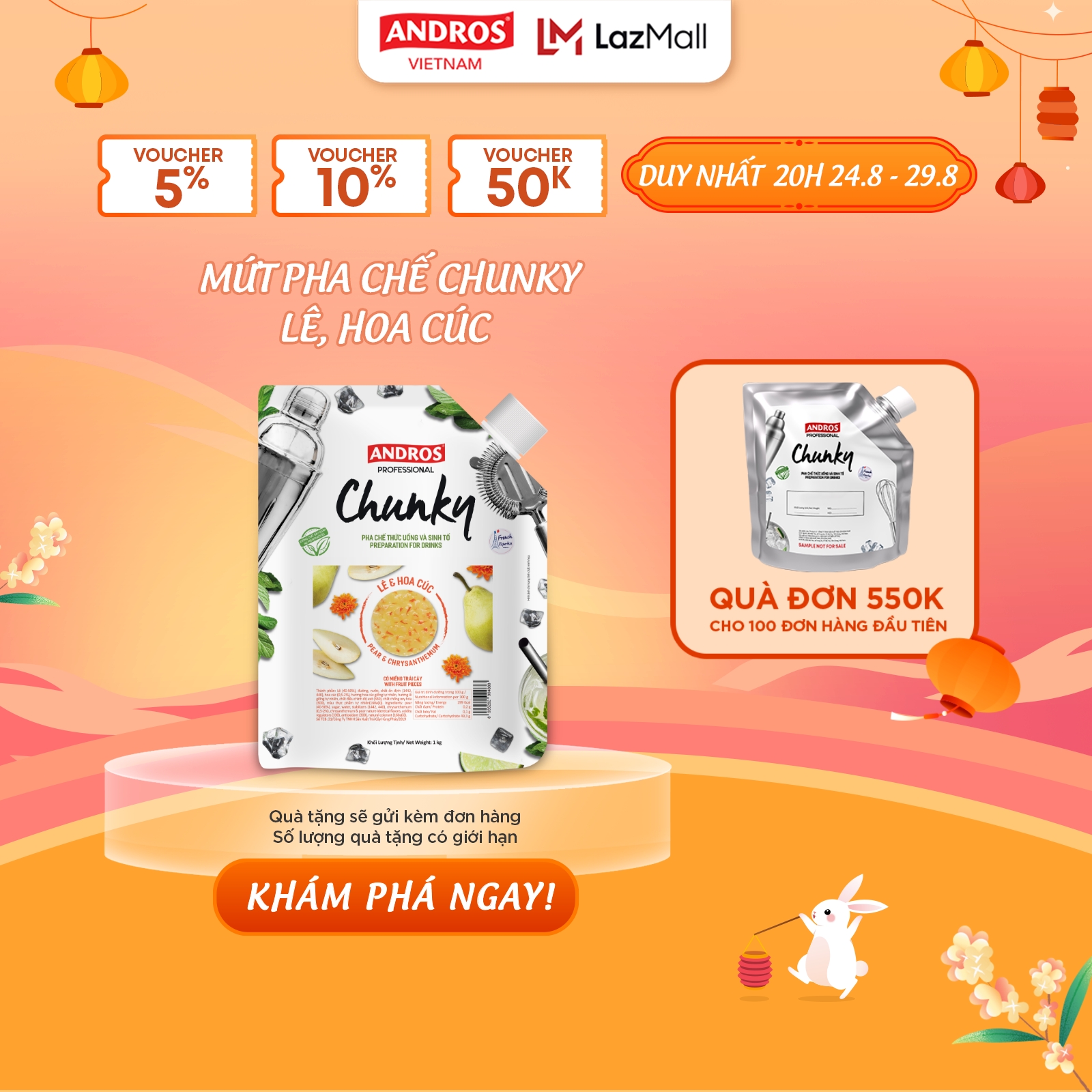 Mứt Trái Cây Pha Chế Lê & Hoa cúc - Có miếng trái cây thật - Nguyên liệu pha chế - ANDROS CHUNKY - 1kg