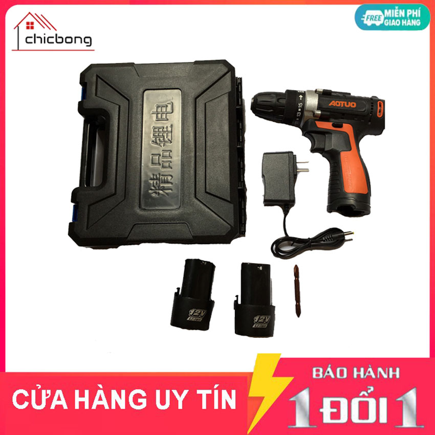 Máy bắn vít không dây đảo chiều Aotuo 12v - kèm 2 pin - hộp nhựa - mũi vít 6,5 mmm - Một đổi 1 trong tuần đầu tiênnếu lỗi do nhà sản suất. Máy khoan Pin cầm tay, may khoang pin
