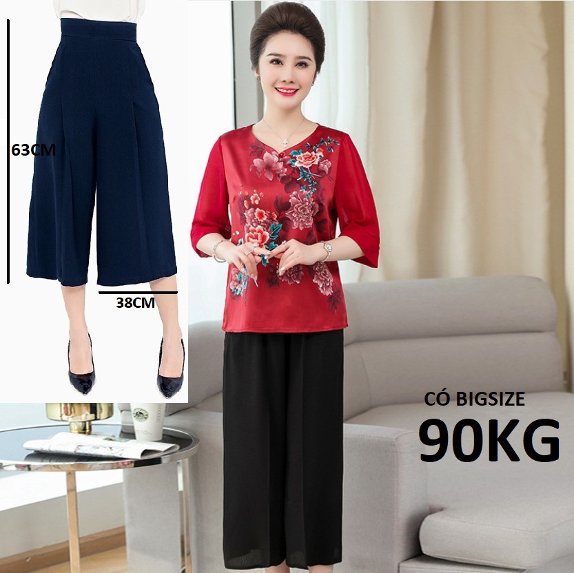 Quần Lửng Cullotes Trung Niên ống Rộng, Có bigsize 90KG, Vải Tuyết mưa