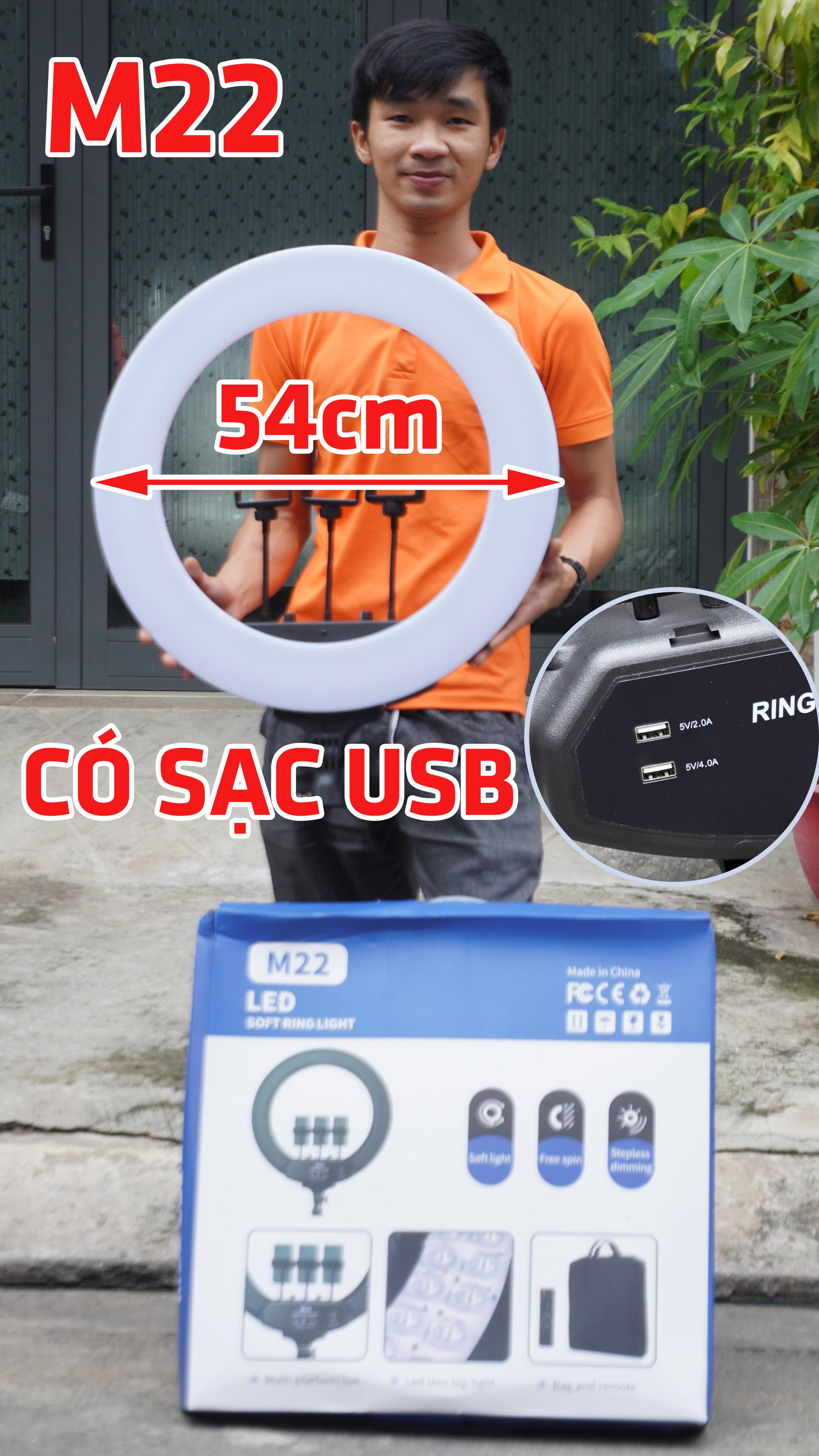 Đèn livestream 54cm M22 3 kẹp điện thoại, kèm remote, có túi đựng, chân cao 2m1 3 chế độ sáng Có cổng USB sạc điện thoại - Đèn livestream chuyên nghiệp, Đèn Led Trợ Sáng, Chiếu Sáng Studio, Makeup, Quay Phim, Chụp Ảnh, Livetream