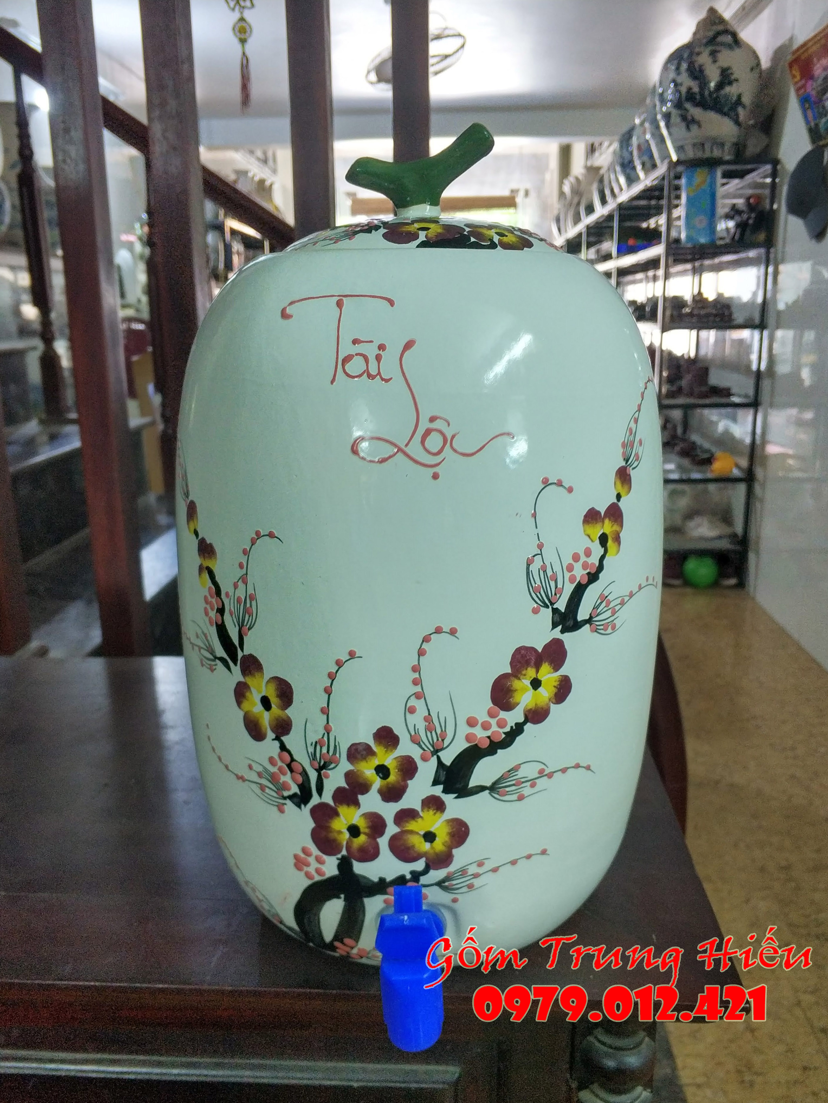 Bình nước Tài Lộc gốm Bát Tràng 10l vẽ hoa đào đỏ