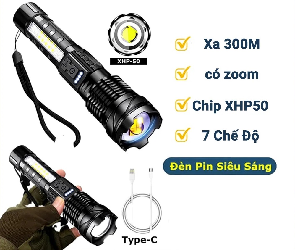 [BẢO HÀNH 12 THÁNG] Đèn pin cầm tay siêu sáng A76, đèn pin siêu sáng giá rẻ chiếu xa 300m có Zoom xa gần, chống nước IPX65 có 7 chế độ sáng