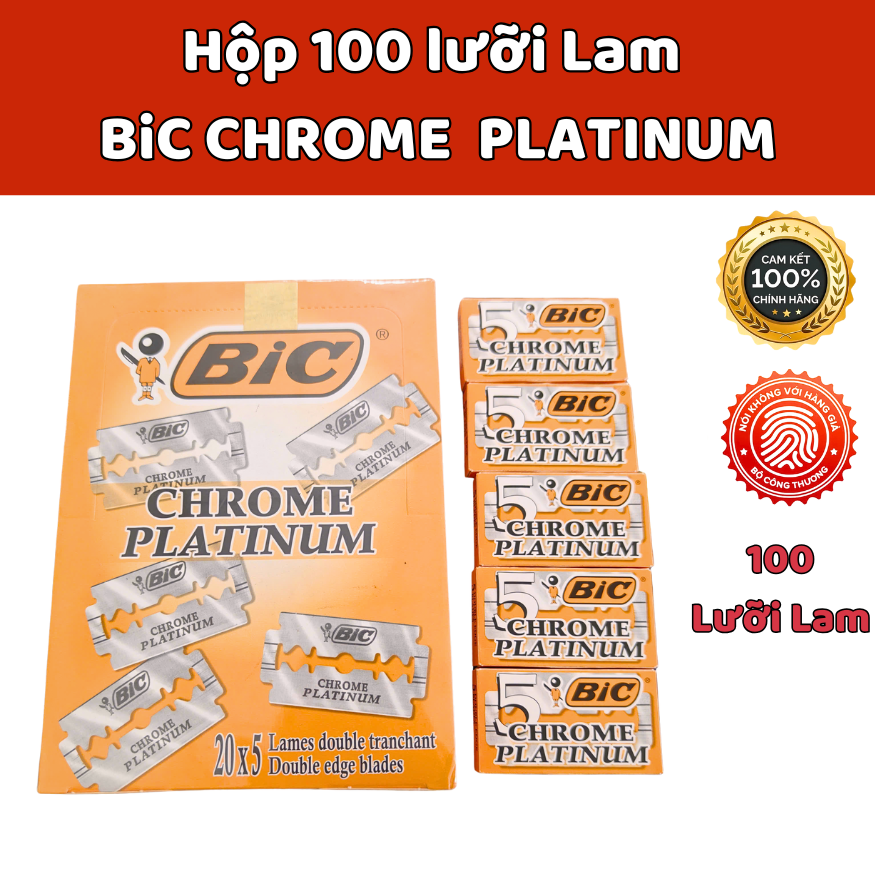 Box of 100 Bic Chrome Platinum Razor Blades [Genuine], Made of Stainless Steel, Super Sharp.