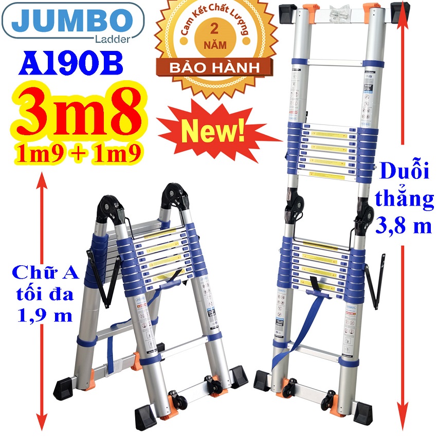 Thang nhôm rút đôi Jumbo A190B NEW - Chữ A 1m9 duỗi thẳng 3m8 Đai xanh - tải trọng 300kg - Luôn Có phụ Kiện Thay Thế - Bảo Hành 2 Năm
