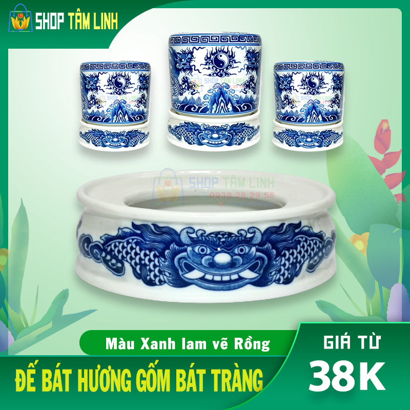 Đế bát hương gốm sứ Bát Tràng men xanh lam shoptamlinh