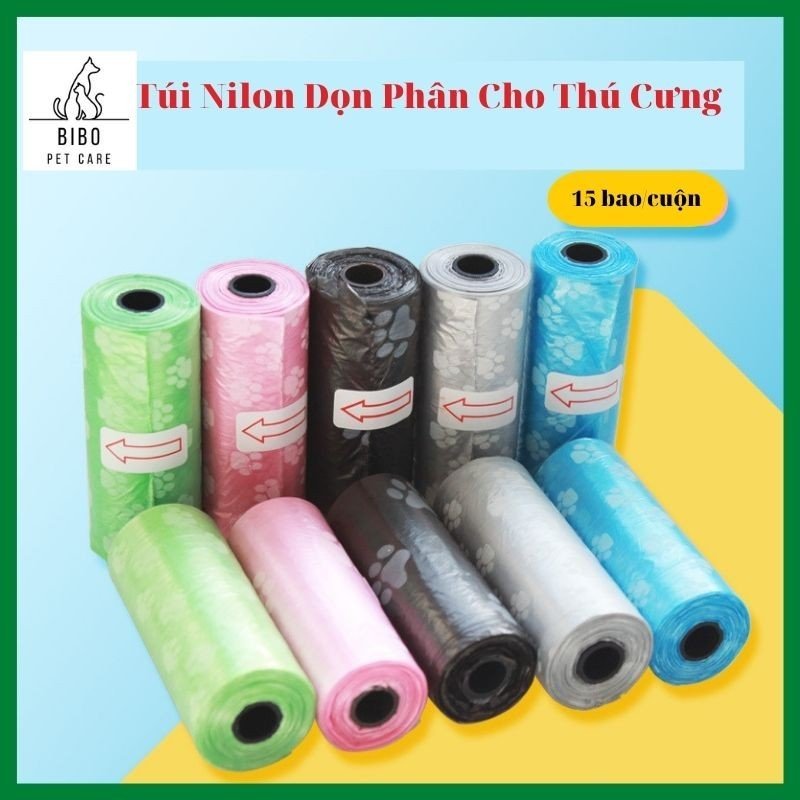 Cuộn rác túi nilon dọn phân cho thú cưng chó mèo 15 bao/cuộn - bibopetcare