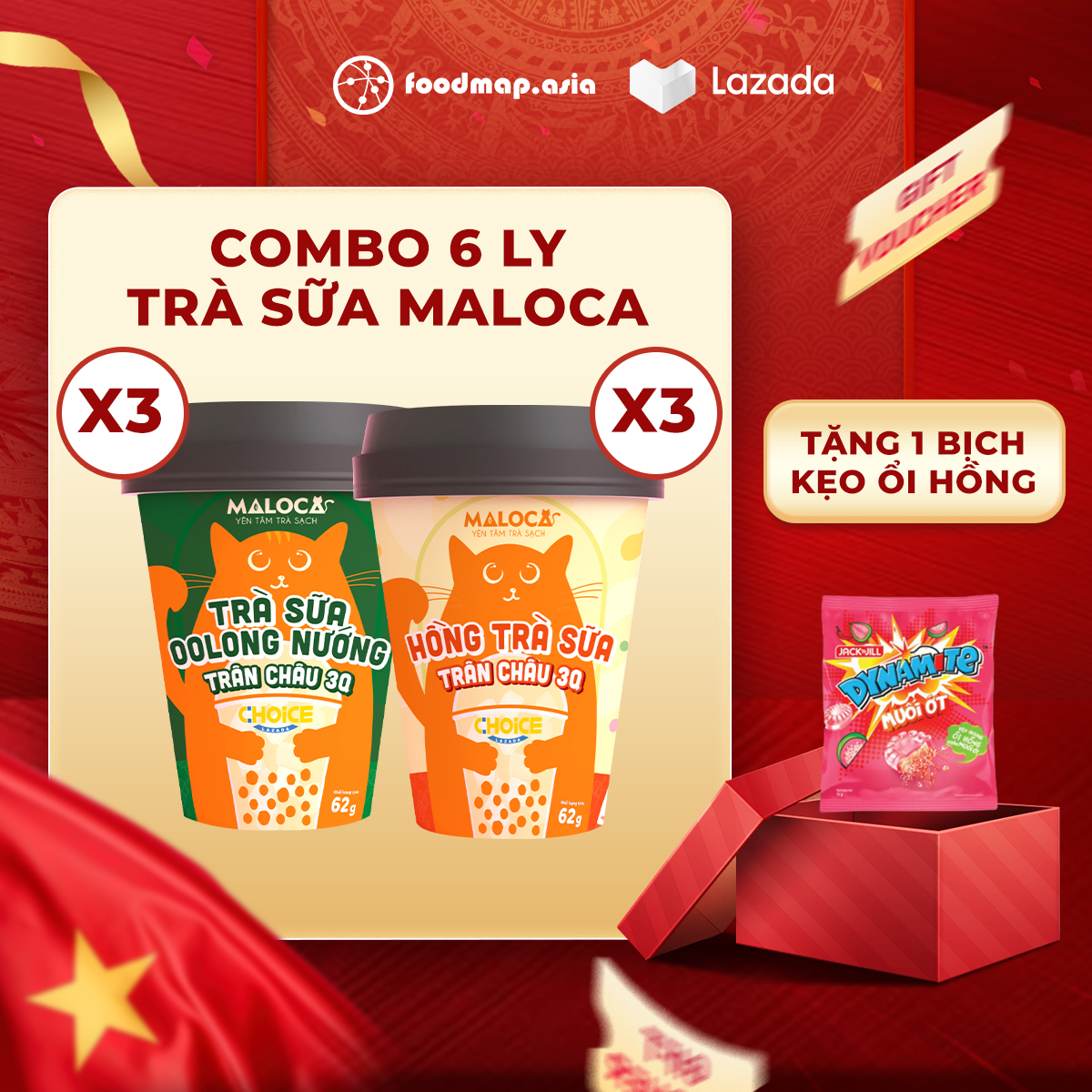 COMBO 6 Ly Trà Sữa Mix 2 Vị (3 Olong Nướng + 3 Hồng Trà) - Maloca - LY 62g