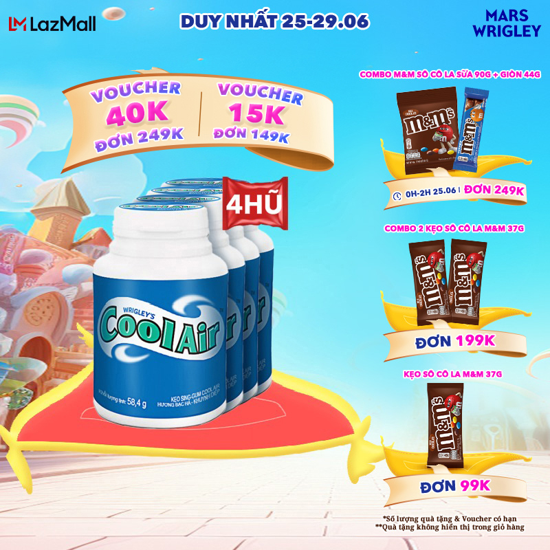 [CHỈ 25-29.06 - MUA 1 ĐƯỢC 3 từ 99K - SLCH] Combo 4 hũ kẹo Sing-gum Cool Air hương bạc hà - khuynh diệp hũ 40 viên