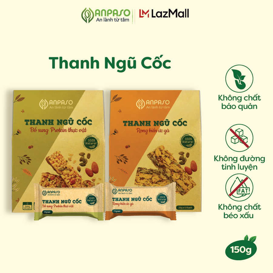 Thanh Ngũ Cốc Anpaso Ăn Kiêng, Giảm Cân, Eat Clean, Ăn Chay bổ sung Protein thực vật, chất xơ hộp 150g 6 thanh