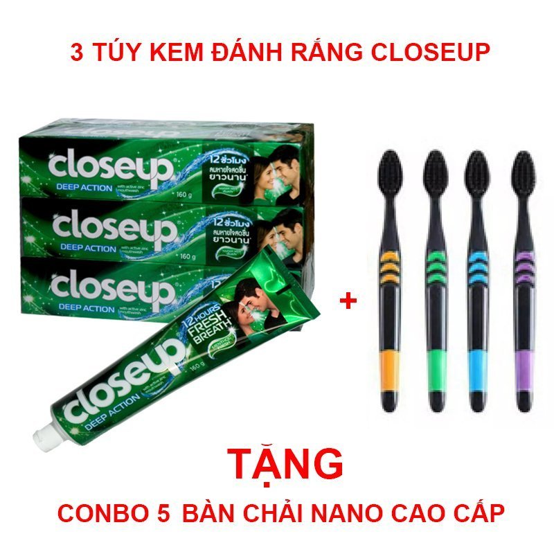 Combo 3 Tuýp Kem đánh răng Closeup Thái Lan tặng 5 bàn chải than hoạt tính cao cấp