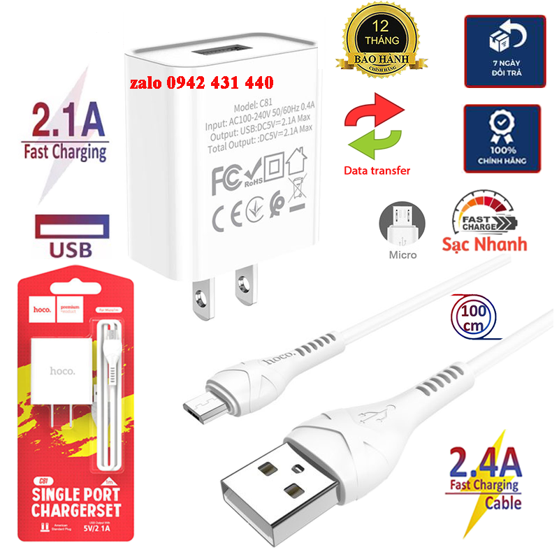 Bộ sạc c81 micro usb cho điện thoại android 5v 2.1a