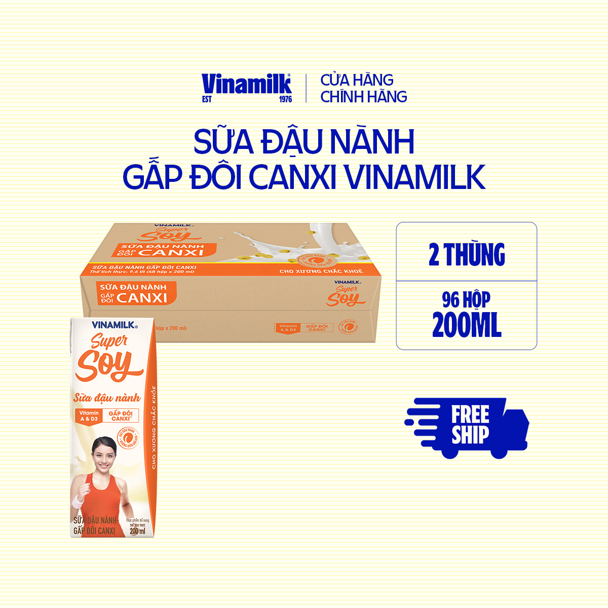 2 Thùng Sữa đậu nành Vinamilk Gấp đôi Canxi có đường hộp 200ml - 48 hộp/Thùng