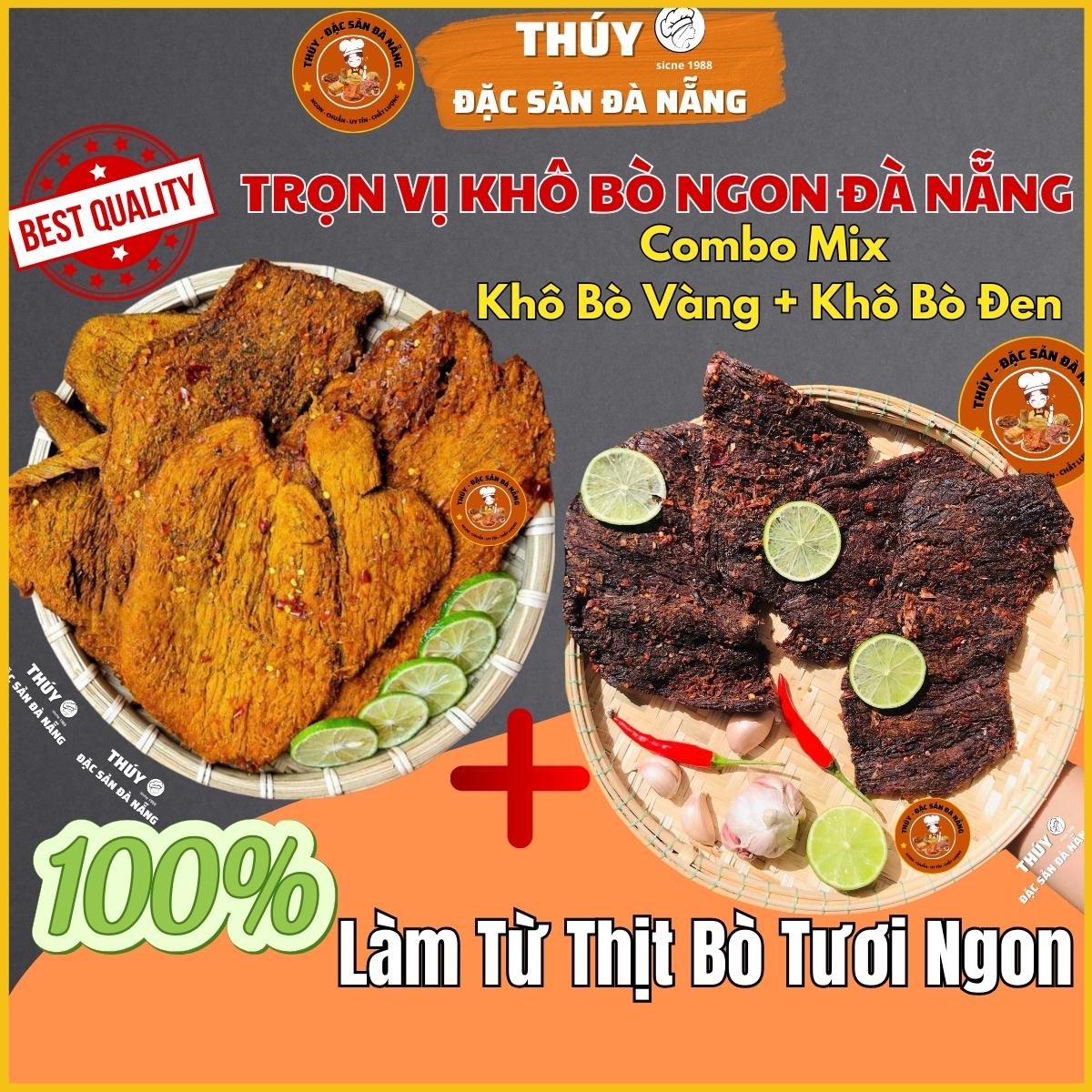 Khô bò ngon trọn vị khô bò đà nẵng với 500gr bò khô mix vị bò khô vàng truyền thống và khô bò đen đậm vị