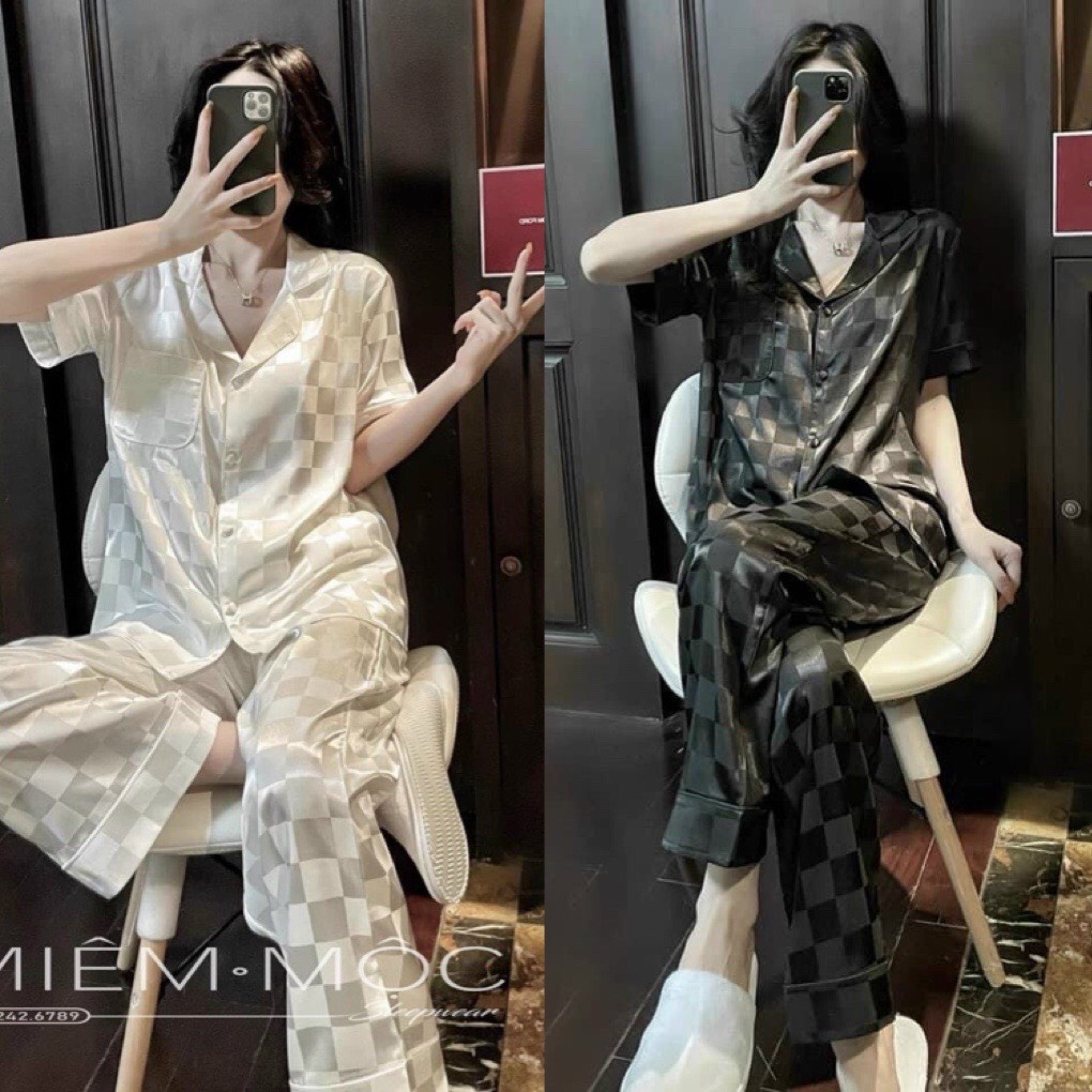 Đồ ngủ pijama nữ tay ngắn lụa gấm ô 2 màu cực sang - đồ bộ freesize