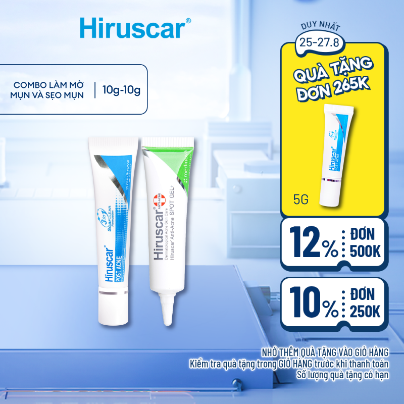 Bộ gel Hiruscar xử lí mụn Anti-Acne Spot 10g và thâm mụn Hiruscar Post Acne 10g