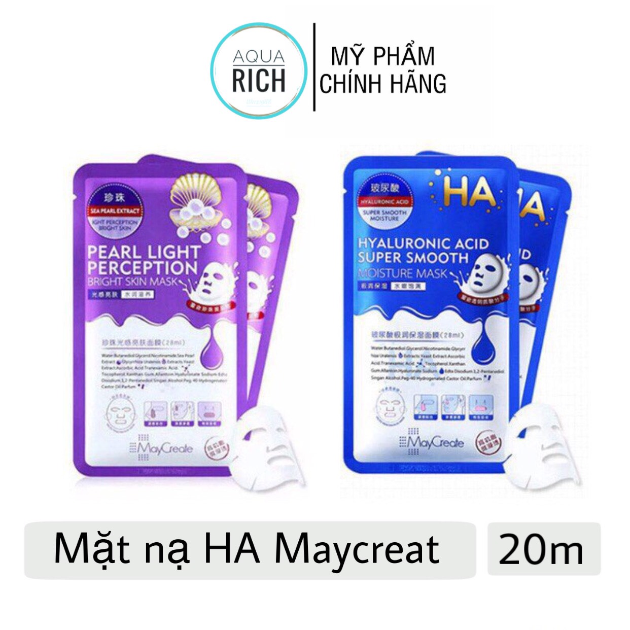 Bộ 20 Mặt Nạ HA Maycreate Xanh Tím Cấp Ẩm Trắng Mụn Da