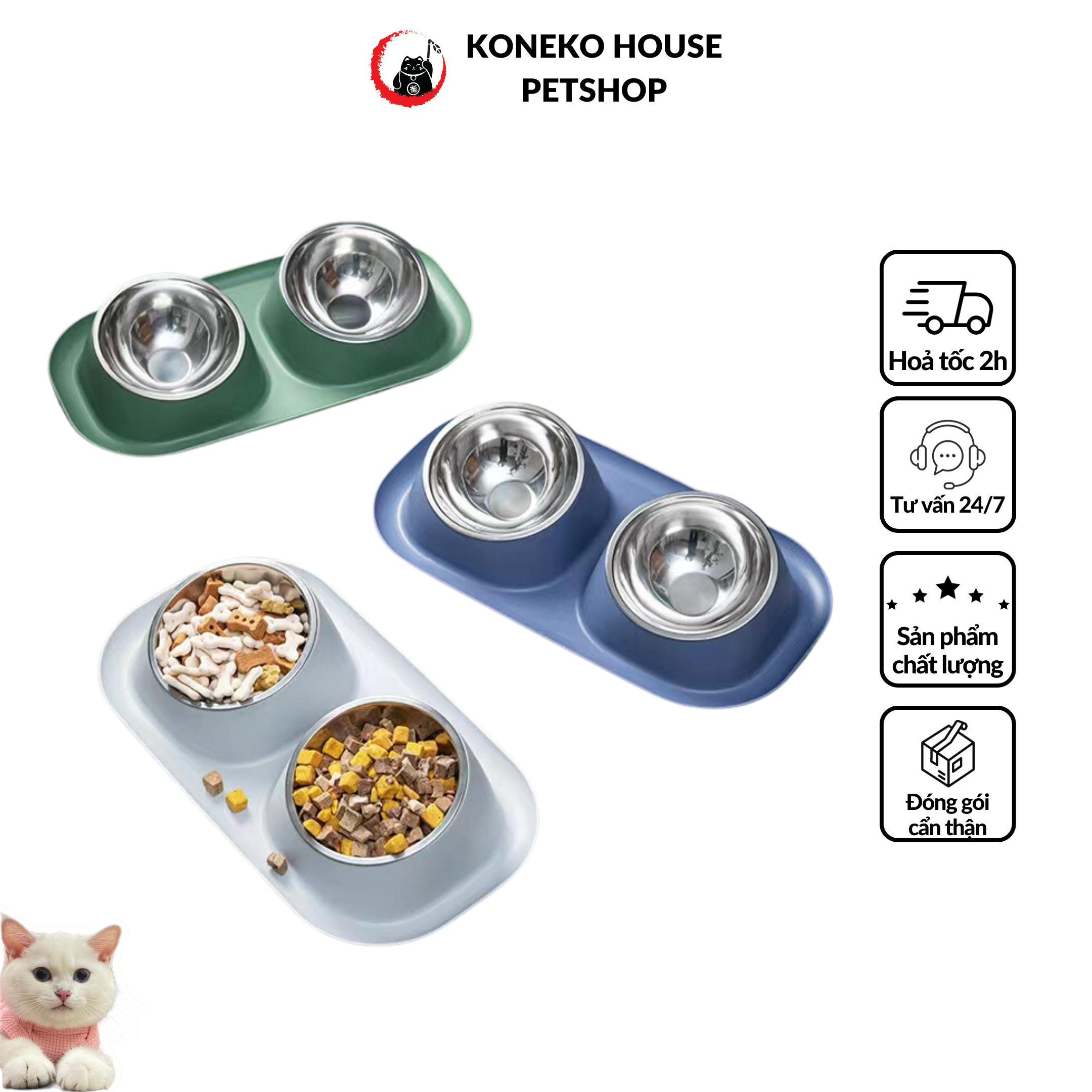 Dụng cụ ăn uống - Khay ăn uống chống kiến + chén inox cho chó & mèo