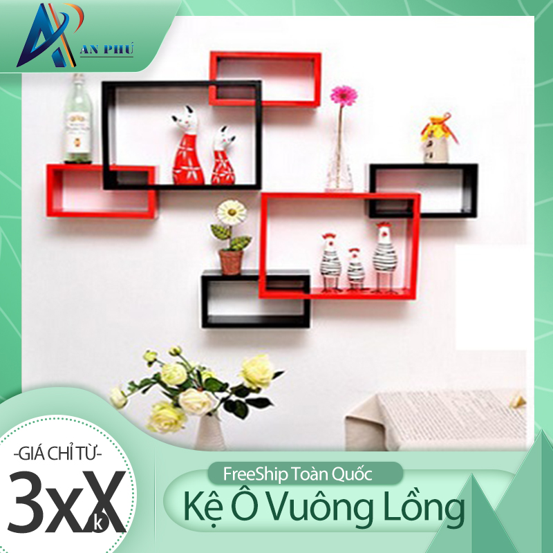 Kệ gỗ trang trí combo 3 hình chữ nhật đỏ - đen
