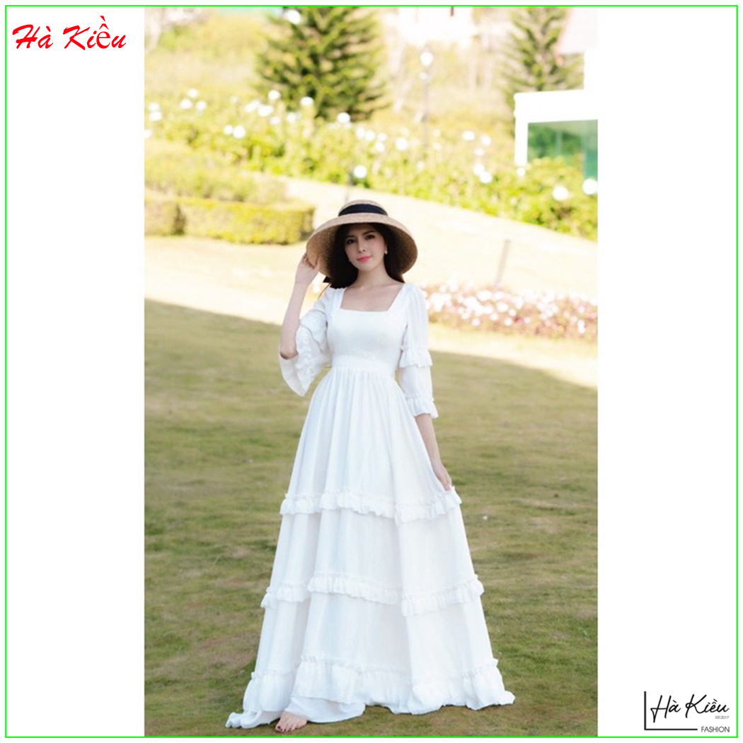 Đầm maxi đi biển đẹp cổ vuông tay dài cực sang đi tiệc sống ảo siêu xinh Hà Kiều MSP380