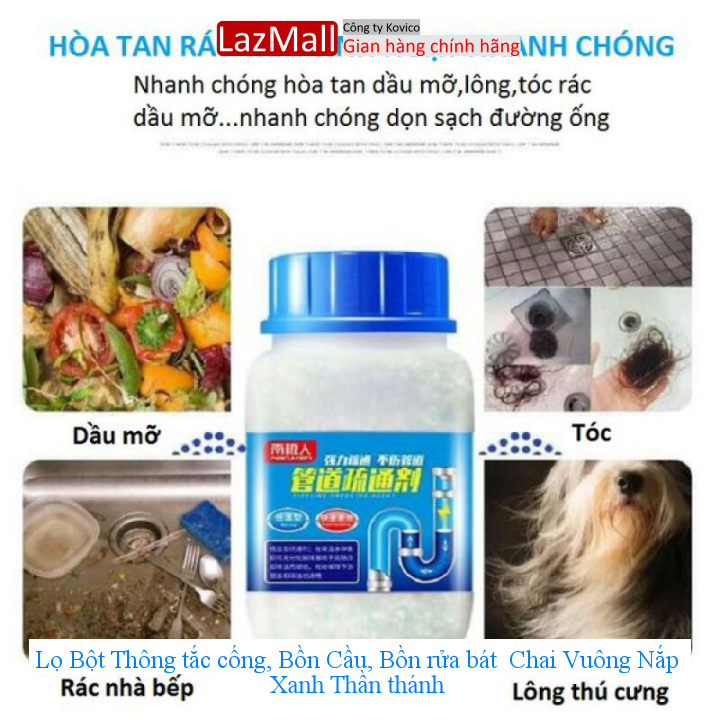 Lọ Bột Thông tắc cống, Bồn Cầu, Bồn rửa bát Chai Vuông Nắp Xanh Thần thánh