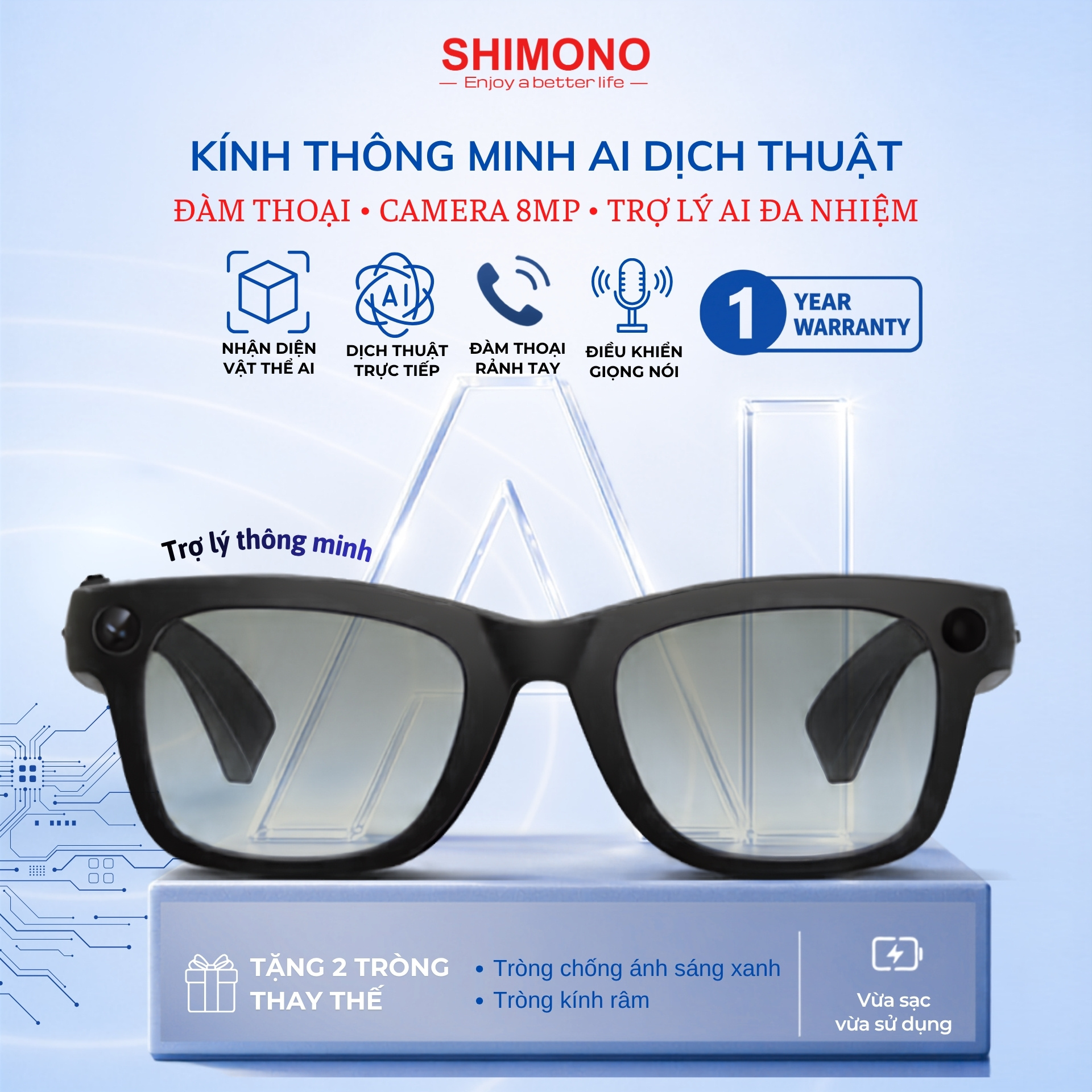 Kính Thông Minh AI Dịch Thuật Realtime SHIMONO-E9 Camera 8MP Bluetooth Nghe Nhạc Đàm Thoại, Ghi Âm, Quay Chụp