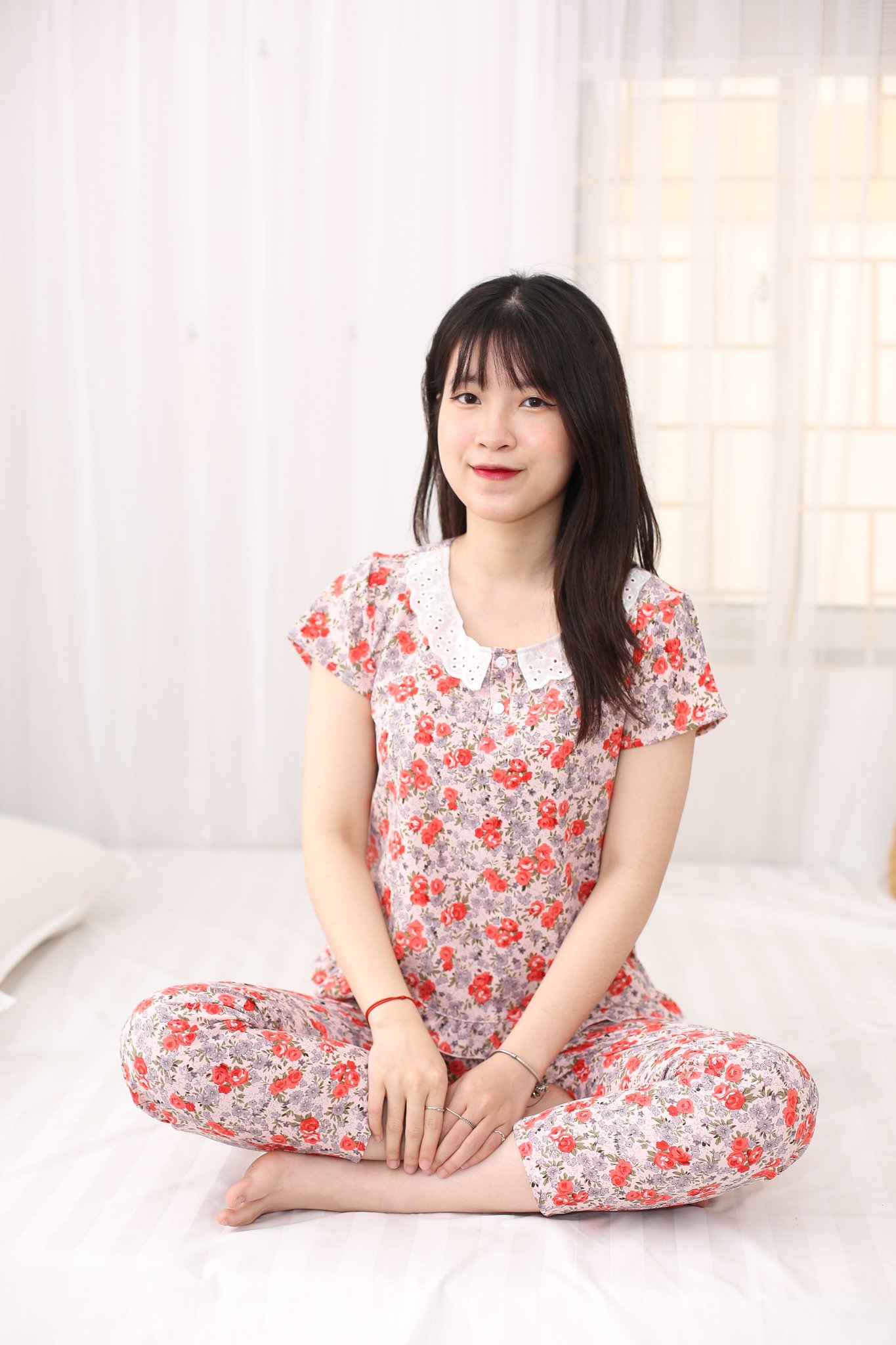 Đồ bộ mặc nhà, mặc ngủ nữ cổ phối ren nữ tính