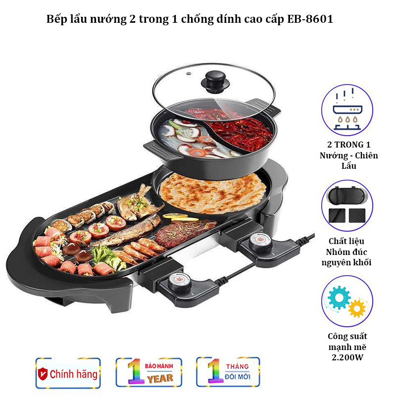 Bếp lẩu nướng đa năng 2 trong 1 chống dính 3 lớp cao cấp eb-8601 công suất 1100 - 2200w có thể tháo rời - bảo hành 12 tháng