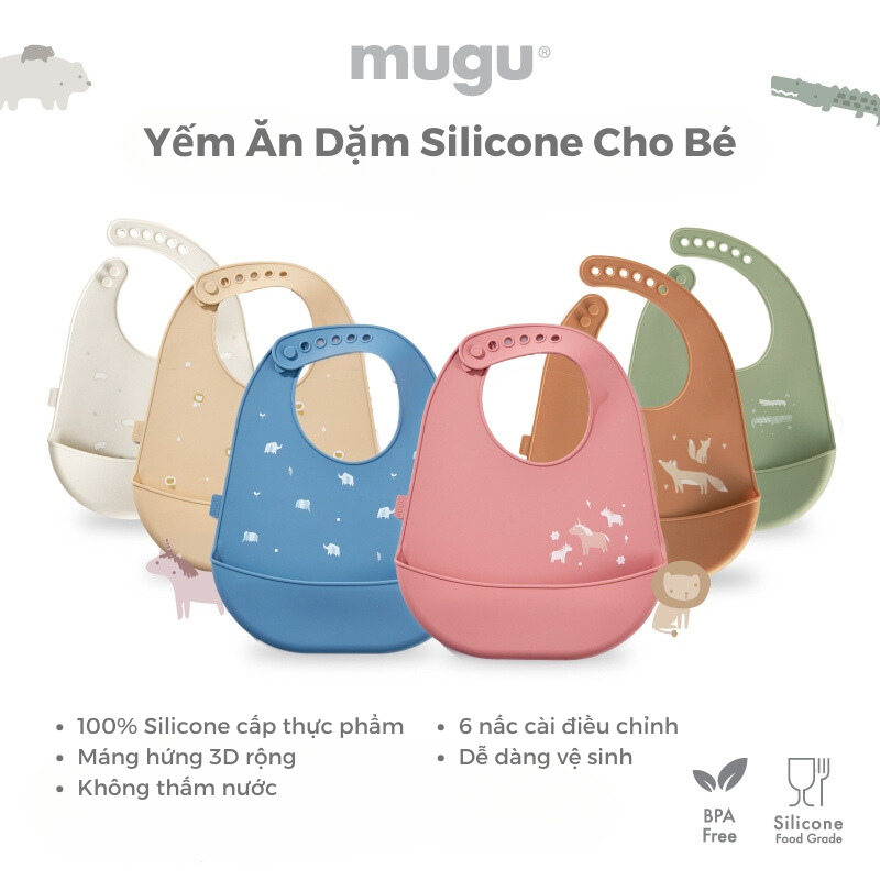 [CHÍNH HÃNG] Yếm Silicone mugu Ăn Dặm Cho Bé Cao Cấp Chống Thấm Nước Mềm Mại Sắc Màu, Nhỏ Gọn 6 Nấc Cài, Máng Hứng 3D Sâu Rộng MGBI2101