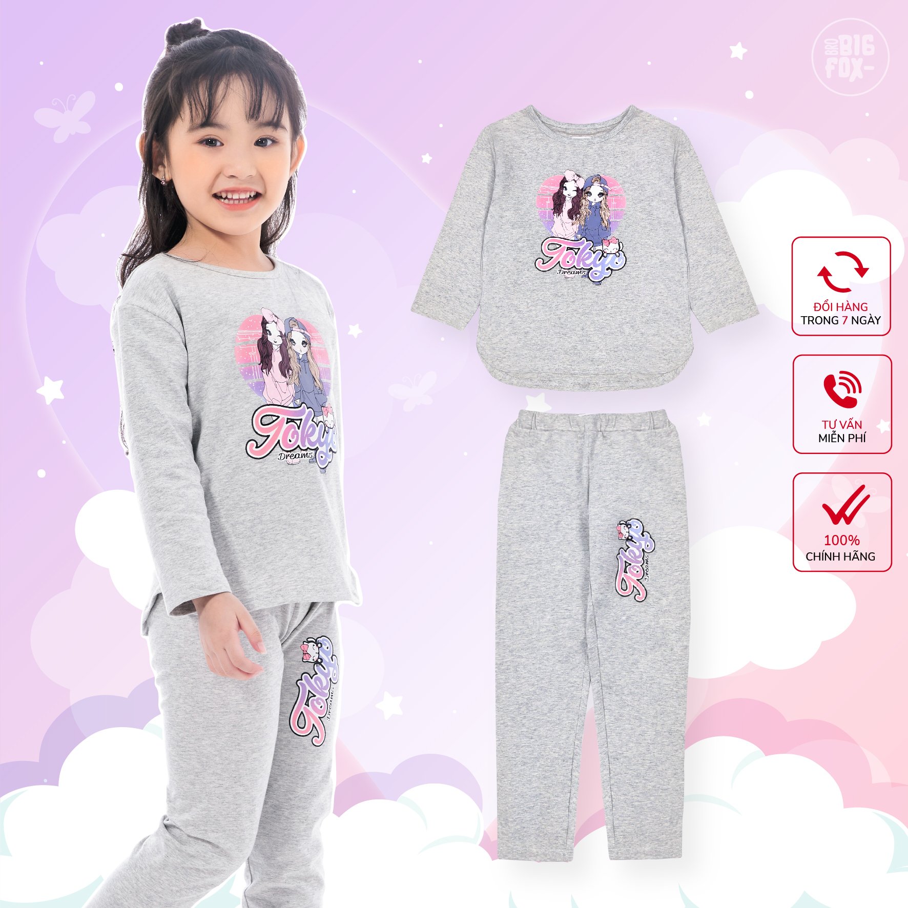 Đồ Bộ Bé Gái BigFox Missmeow Size Đại, Set Bộ Quần Áo Dài Tay Cho Bé In Cô Gái Tokyo 3-11
