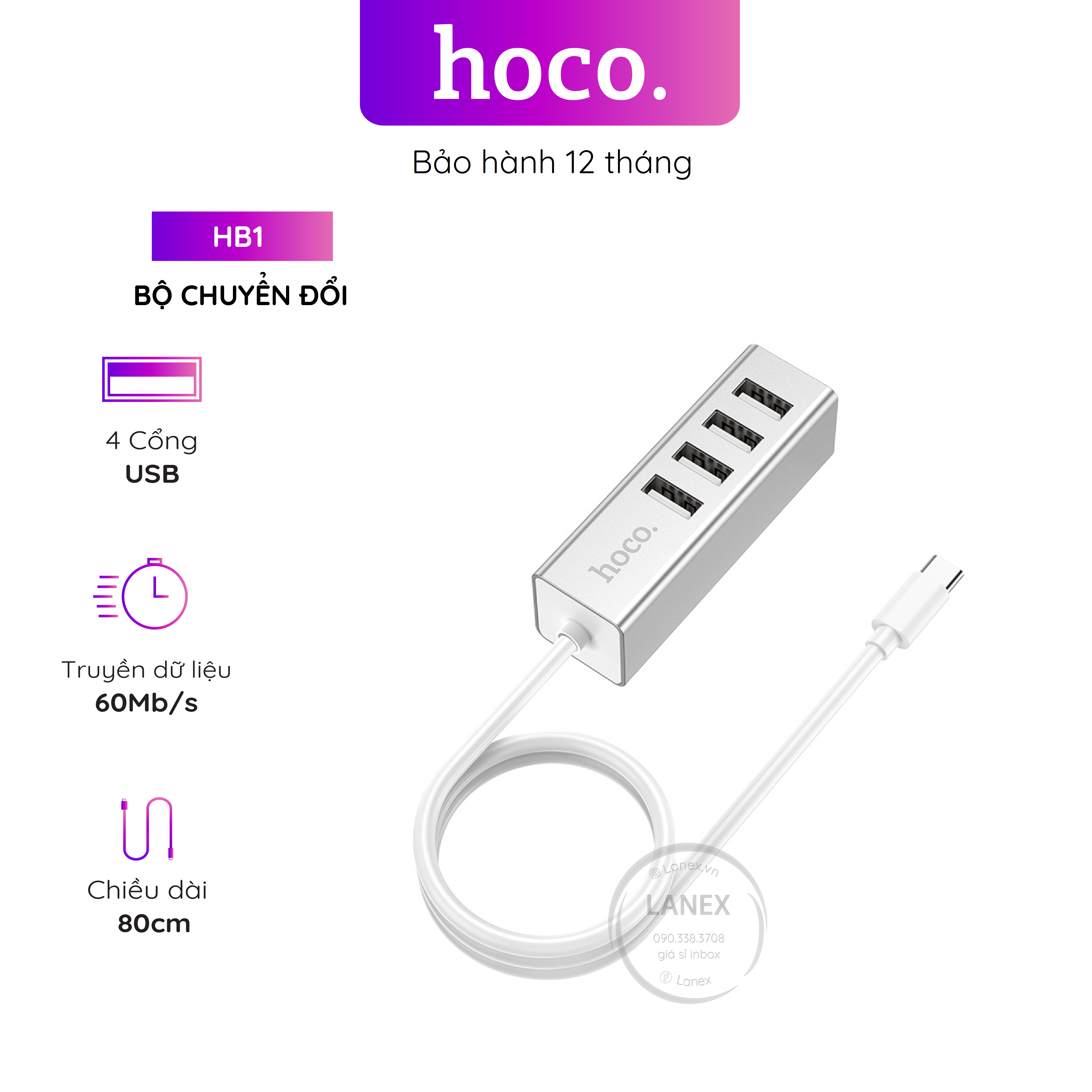 Bộ Chuyển Đổi Hoco Hb1 Đầu Usb Sang 4 Cổng Usb 2.0 Dài 80mm