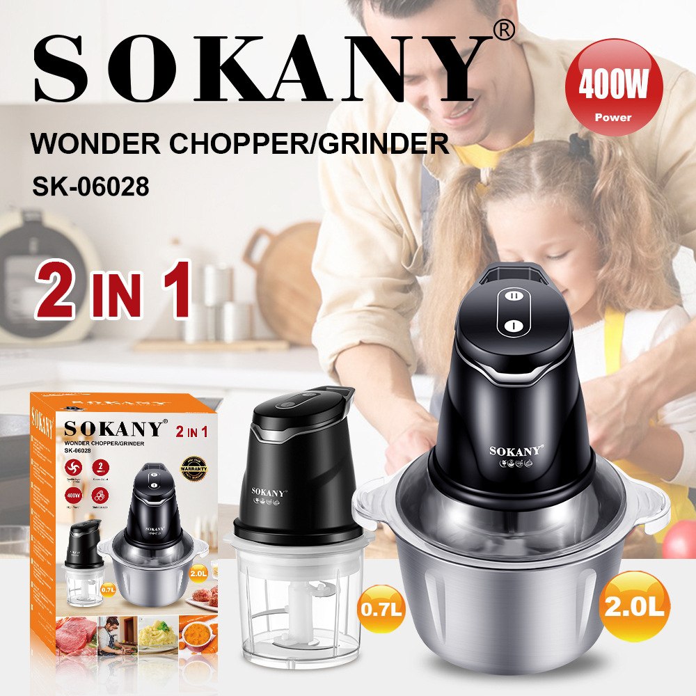 Máy xay thịt đa năng 2 IN 1 công suất 400W SOKANY INOX 2L SK-06028 xay nhuyễn mọi thực phẩm, thịt, tỏi ớt