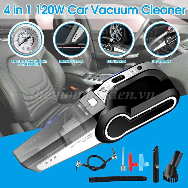 Máy hút bụi mini 4 trong 1 tích hợp bơm, đo áp suất lốp, đèn pin cao cấp Vacuum 120W-DC12V