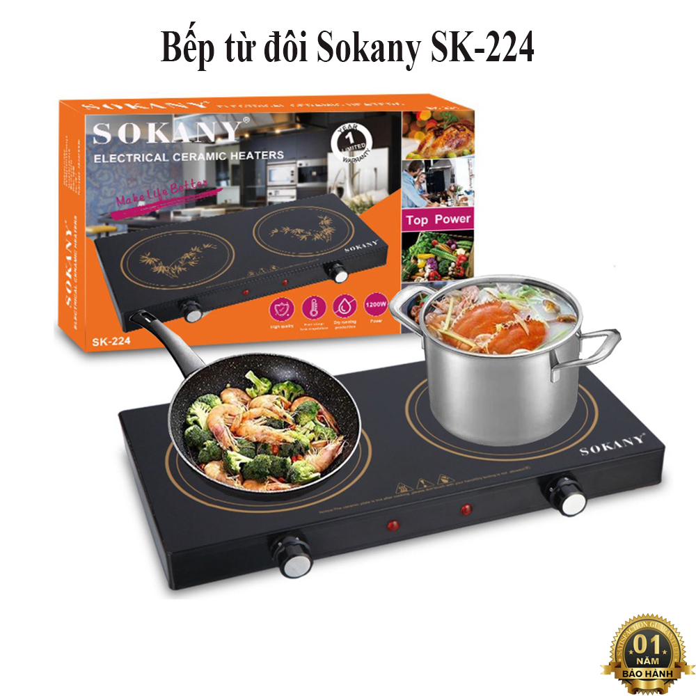 Bếp từ bếp từ đôi sokany sk-224 công suất 1200w bếp dùng được mọi loại nồi chảo. bảo hành uy tín 1 đổi 1
