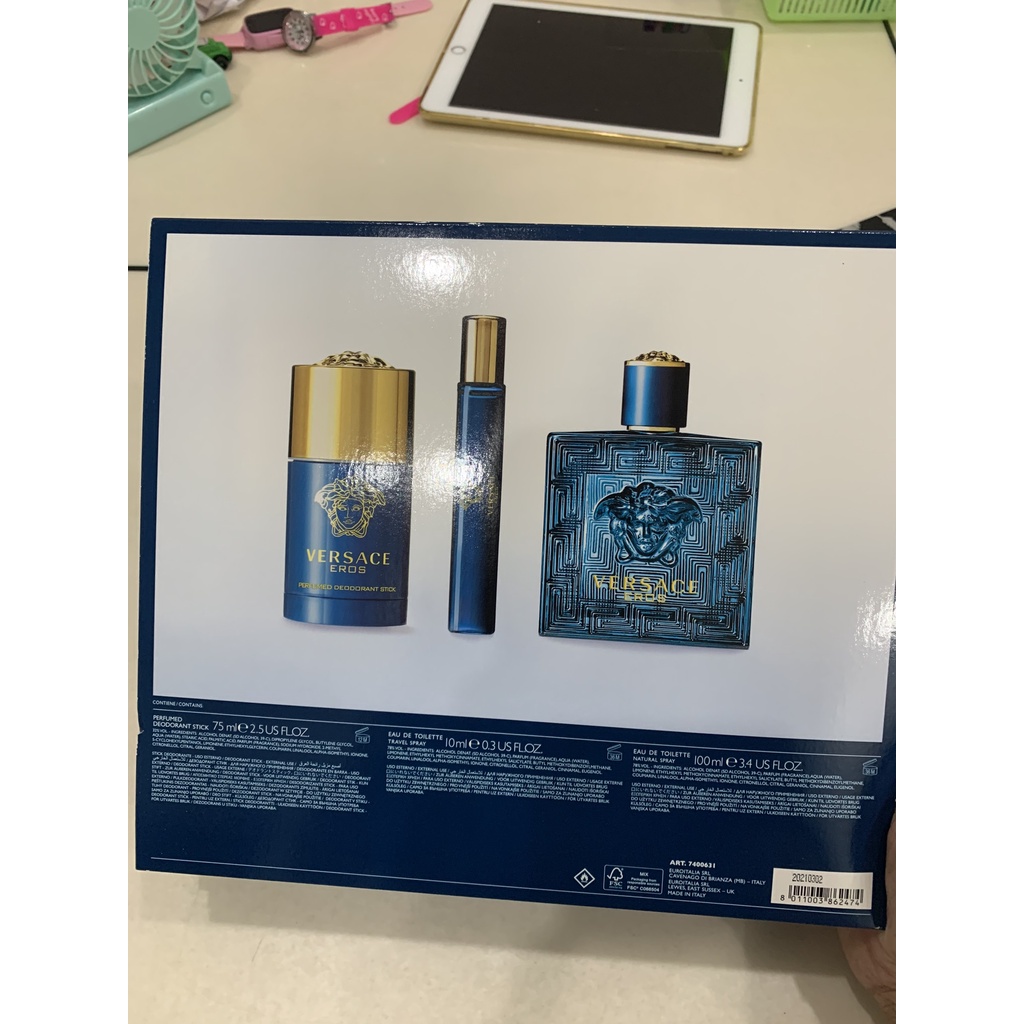 Bộ sét nước hoa versace eros for men edt gồm 1 chai nước hoa 100ml, 1 lăn khử mùi 75ml, 1 mini 10ml