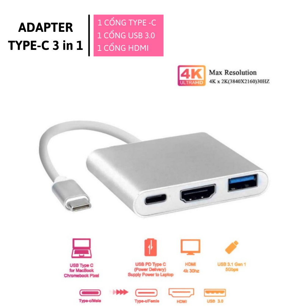 Adapter usb c 3 in 1 hdmi + usb + type c