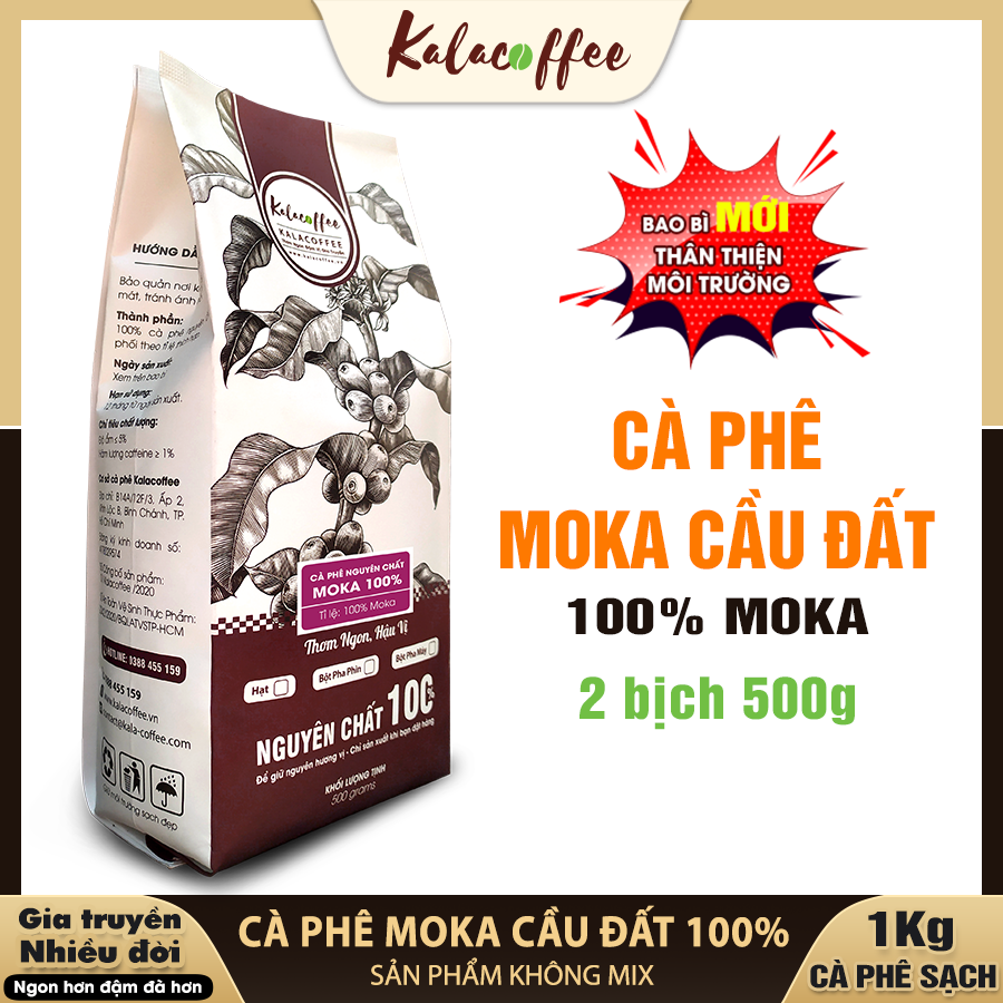 Combo 1kg (2 gói) Cà phê Moka Cầu Đất 100% không mix thơm mạnh mẽ, vị chua thanh, đắng nhẹ, dùng pha phin, pha máy, cafe nguyên chất, không tẩm ướp, không hương liệu KALACOFFEE