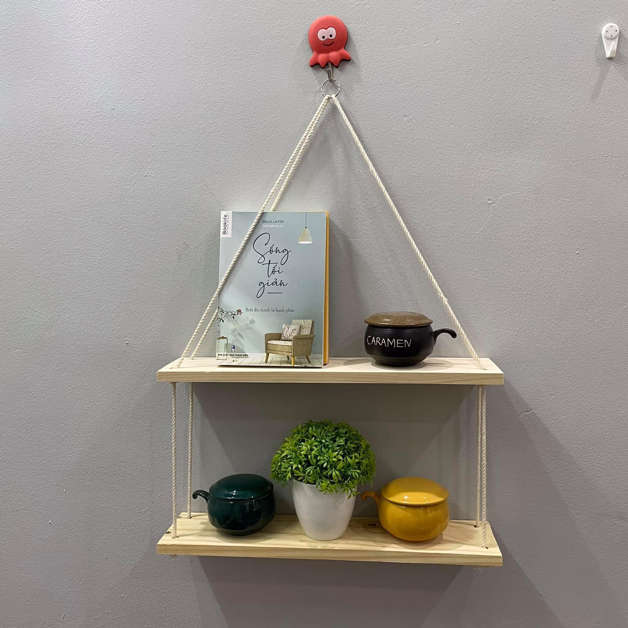 kệ gỗ treo tường trang trí dây thừng boho rustic kích thước 40x13 cm kệ gỗ 2 tầng