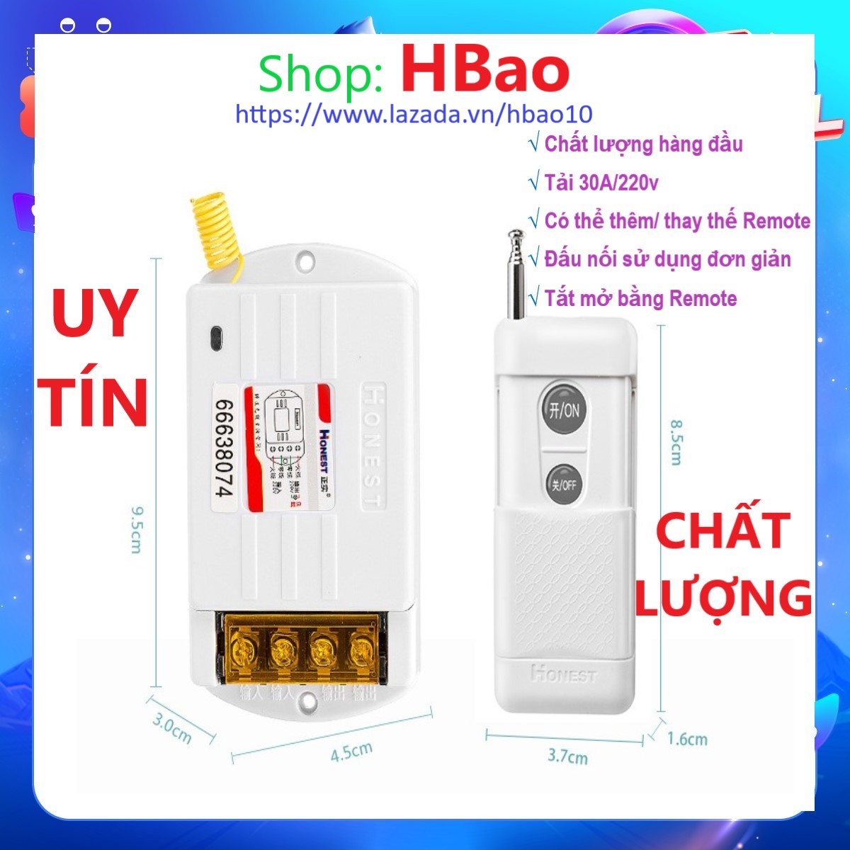 Bộ công tắc điều khiển từ xa Honest 1Km 30A 40A /220V Group HT