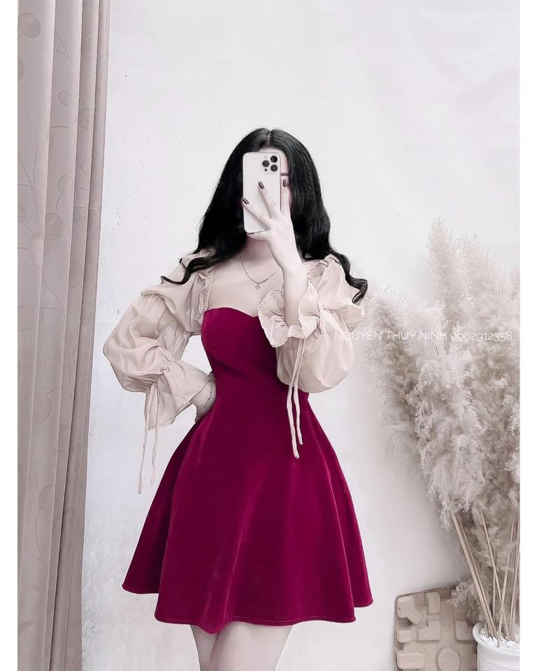Đầm váy tiểu thư dáng xòe tay dài phối voan (có mút ngực) duyên dáng, quyến rũ thời trang nữ cho các nàng dự tiệc, hoặc dạo phố