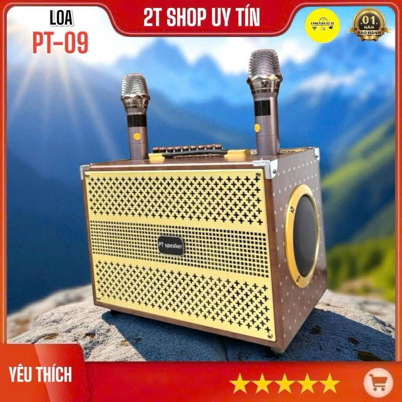 Loa Karaoke Xách Tay PT09 3 Đường Tiếng Mạch Reverb, Có Cổng Cắm Livestream, Kèm 2 Micro UHF Chống Hú,Âm Thanh Cực Hay, Pin Khỏe.