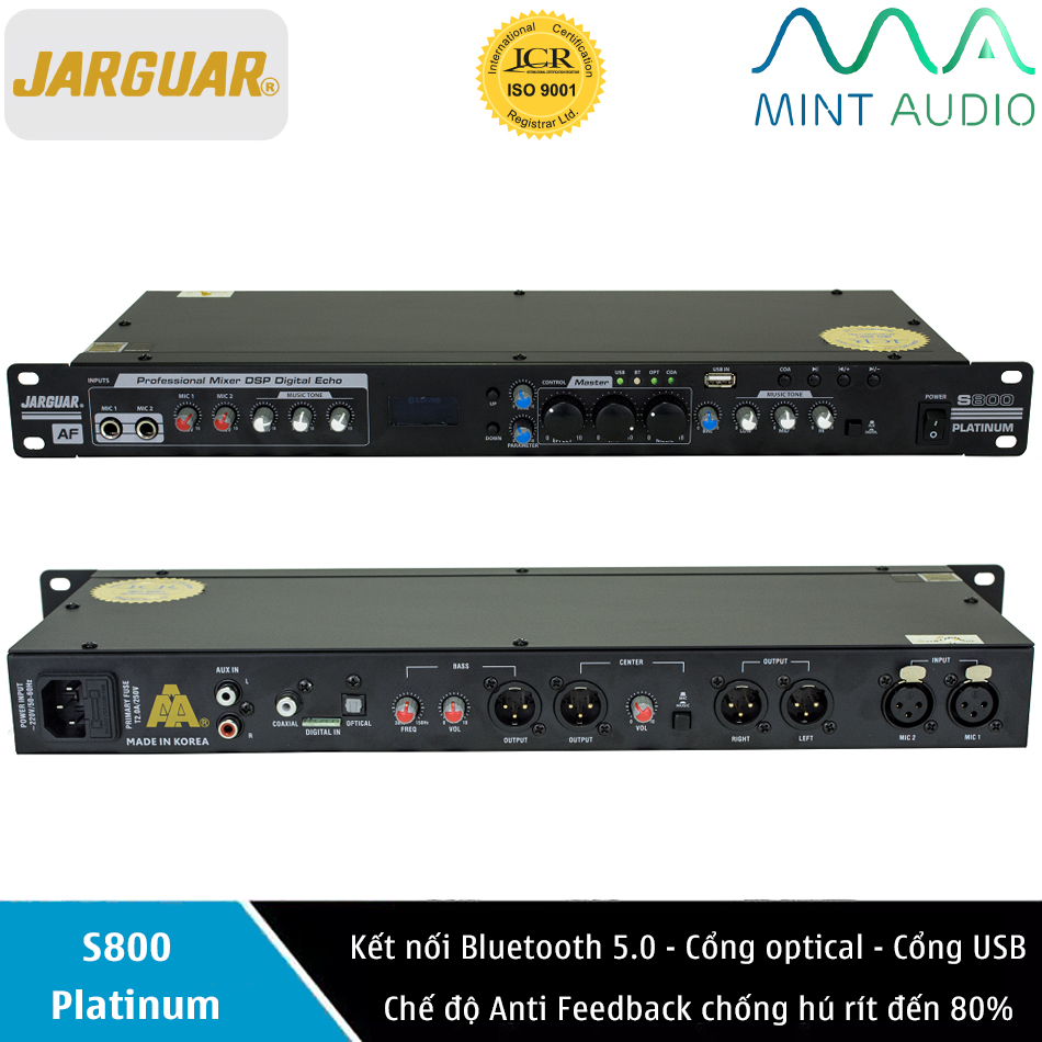 Vang cơ dsp jarguar s800 platinum - tích hợp bluetooth 5.0 - tích hợp anti feedback giảm đến 80% tiếng rú, rít - sản xuất tại hàn quốc - bảo hành 3 năm