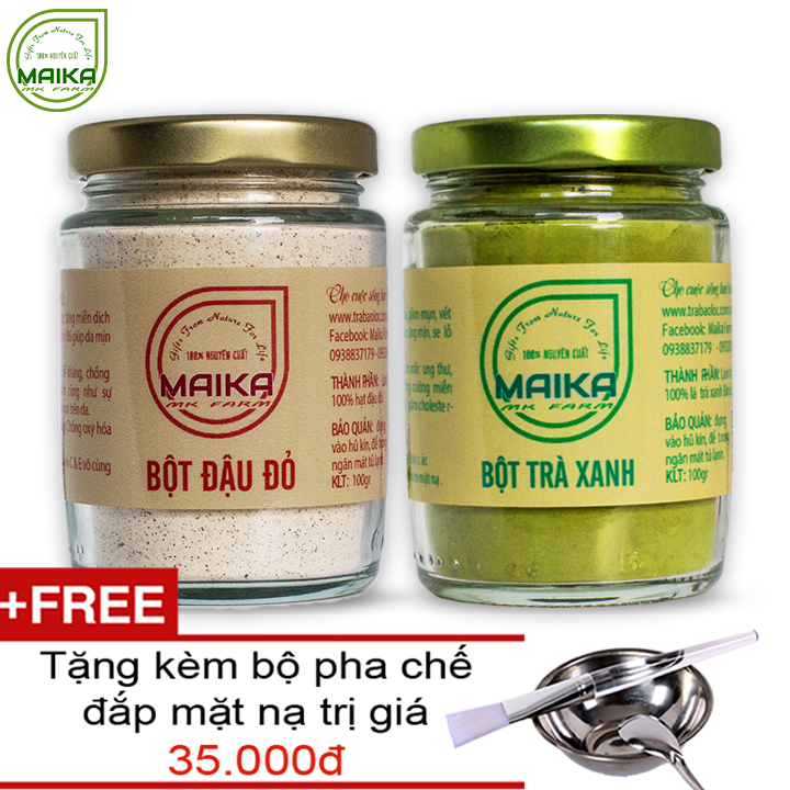Combo Bột Trà Xanh + Bột Đậu Đỏ - Nguyên Chất MK Farm (100g/hũ) + Tặng Bộ Đắp Mặt