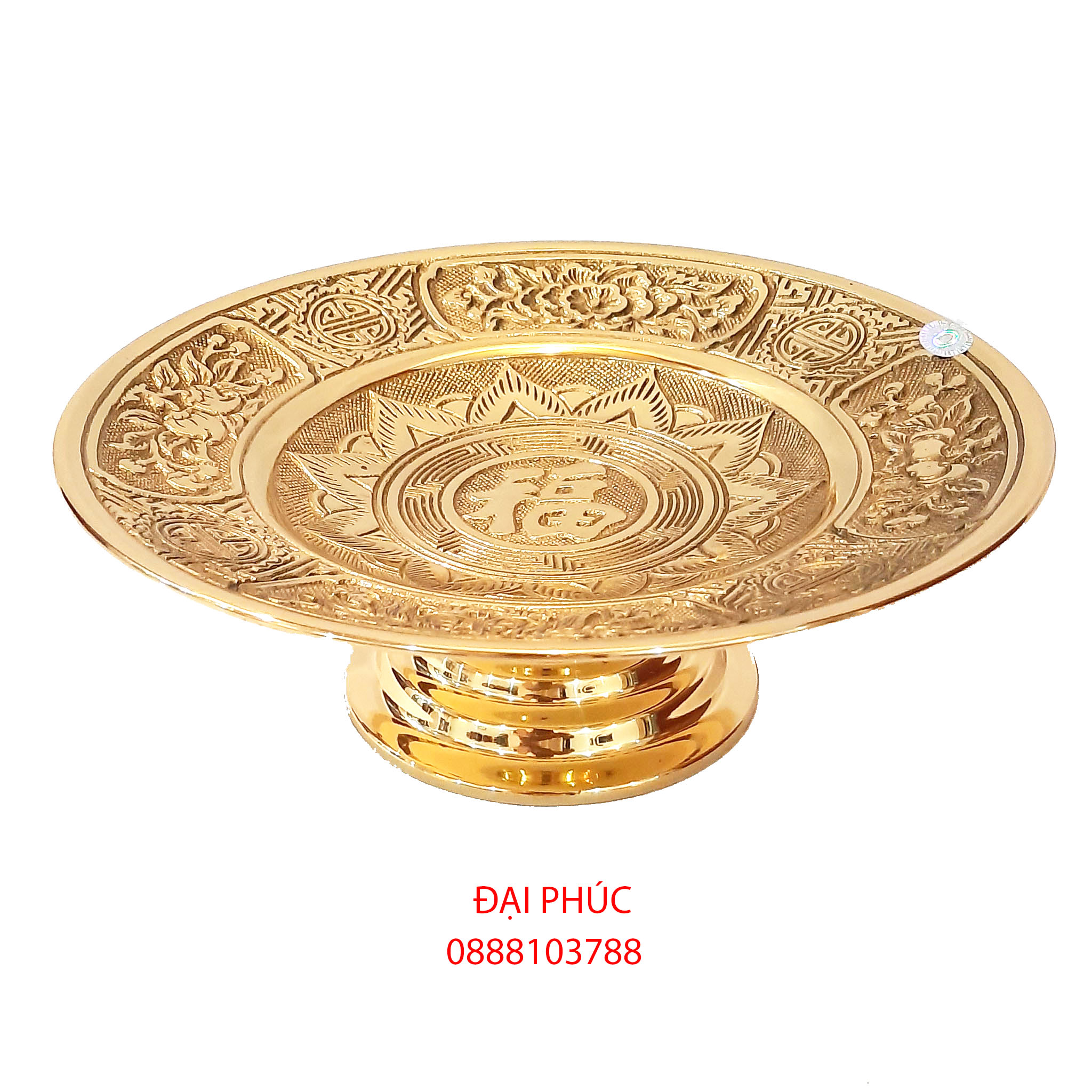 Mâm bồng chữ phúc SEN 25 cm cao 8 cm, nặng 1,2 kg màu vàng bóng