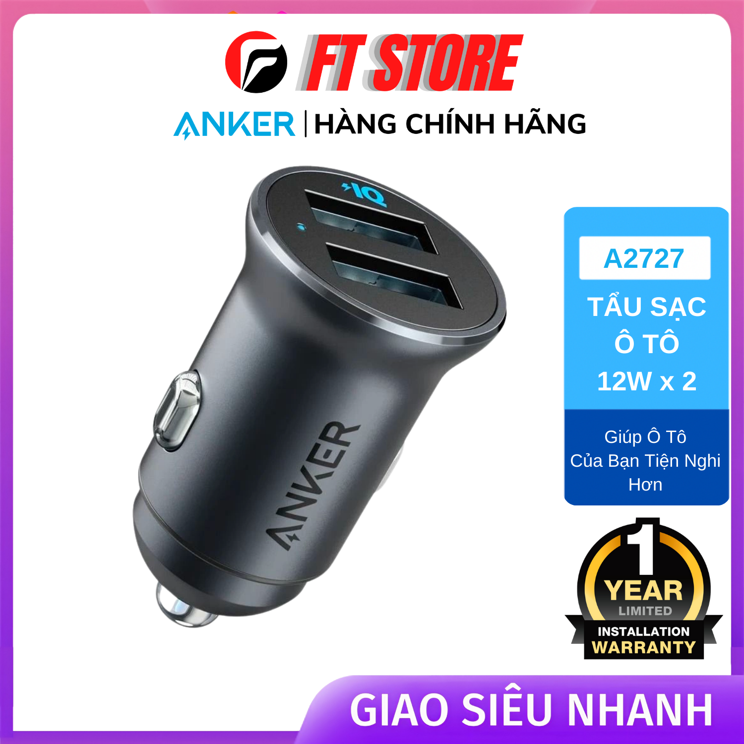 Tẩu sạc ô tô anker powerdrive alloy 2 cổng 24w - mã a2727 bảo hành 12 tháng