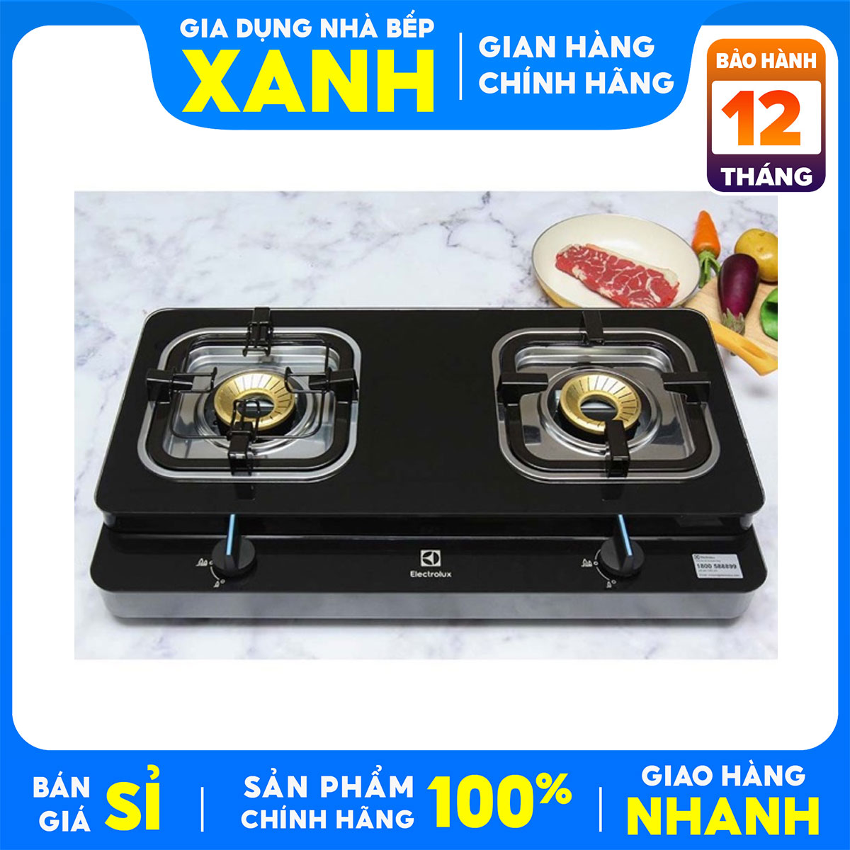Bếp gas đôi electrolux etg727gkr trưng bày mới 98-99% +tặng dây gas-bh 12 tháng