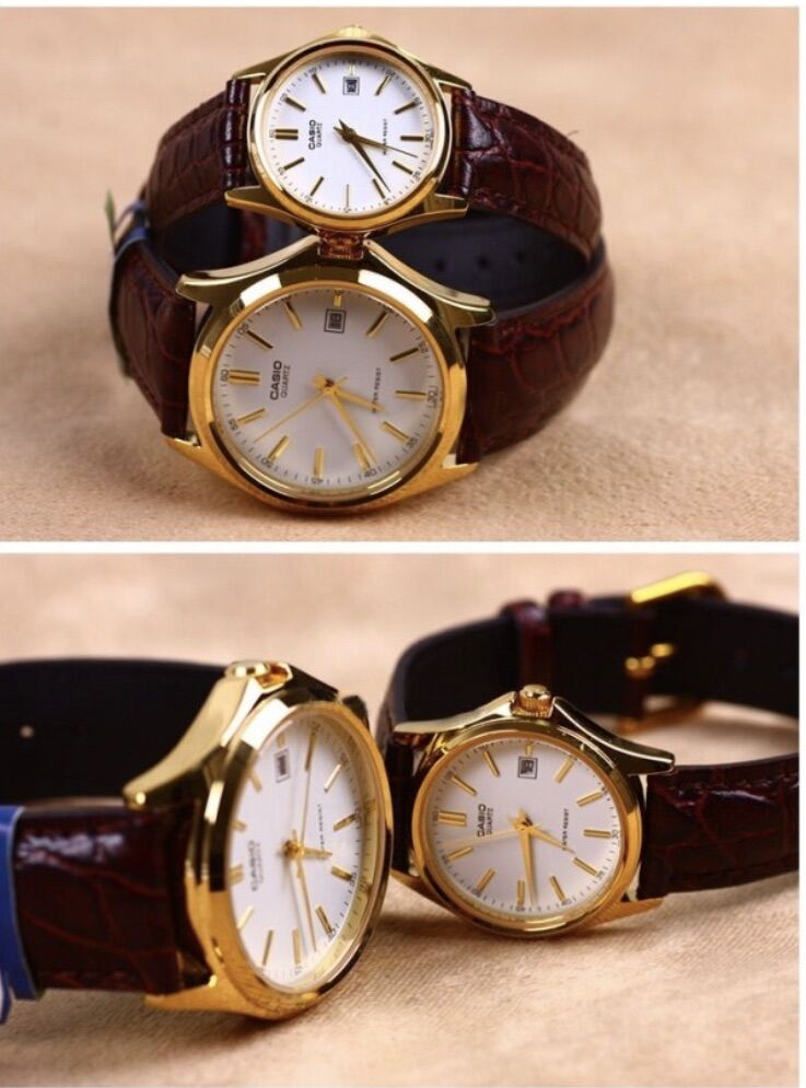 Đồng Hồ Đôi Nam Nữ Giá 1 Đôi Dây Da Viền Vàng Máy Nhật Tinh Tế Tặng Kèm 2 Pin Cao Cấp